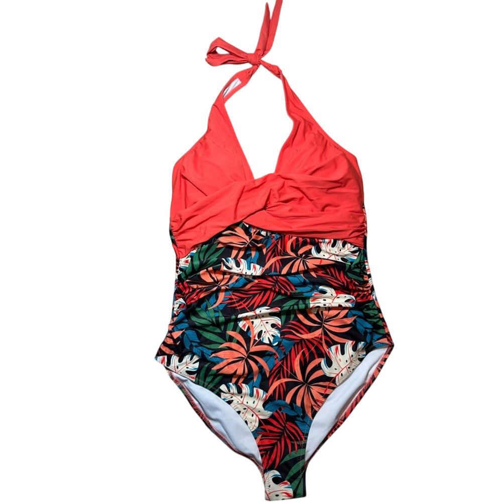 SUUKSESS Halter One-Piece Swimsuit Coral Pink Leaf L NWT